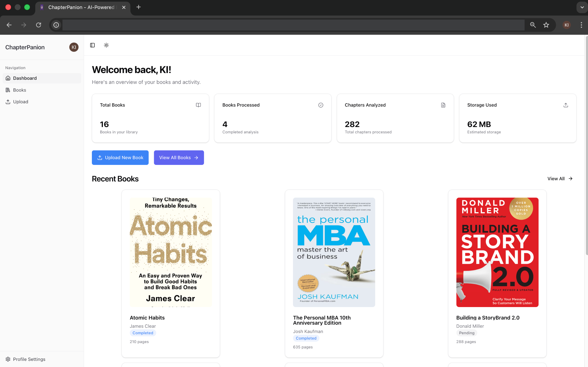 Dashboard showing book library with multiple processed books